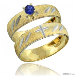 10k Gold Ladies' 2-Piece 0.25 Carat Deep Blue Sapphire Engagement Ring Set Diamond-cut Pattern Rhodium Accent, -Style 10y504e2