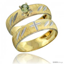 10k Gold Ladies' 2-Piece 0.25 Carat Green Sapphire Engagement Ring Set Diamond-cut Pattern Rhodium Accent, 3/16 -Style 10y504e2