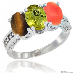 10K White Gold Natural Tiger Eye, Lemon Quartz & Coral Ring 3-Stone Oval 7x5 mm Diamond Accent