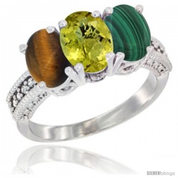 10K White Gold Natural Tiger Eye, Lemon Quartz & Malachite Ring 3-Stone Oval 7x5 mm Diamond Accent