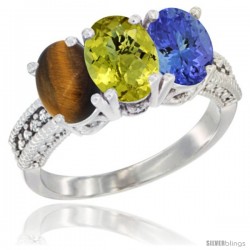 10K White Gold Natural Tiger Eye, Lemon Quartz & Tanzanite Ring 3-Stone Oval 7x5 mm Diamond Accent