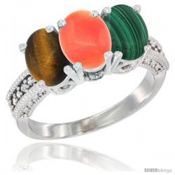 10K White Gold Natural Tiger Eye, Coral & Malachite Ring 3-Stone Oval 7x5 mm Diamond Accent