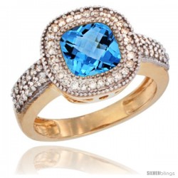 14k Yellow Gold Ladies Natural Swiss Blue Topaz Ring Cushion-cut 3.5 ct. 7x7 Stone Diamond Accent