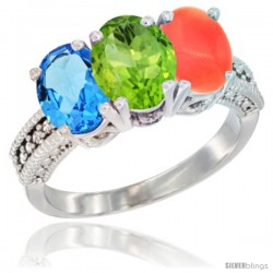 14K White Gold Natural Swiss Blue Topaz, Peridot & Coral Ring 3-Stone 7x5 mm Oval Diamond Accent