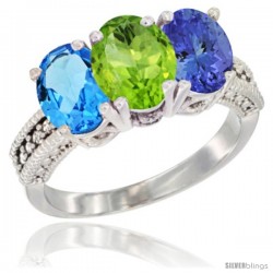 14K White Gold Natural Swiss Blue Topaz, Peridot & Tanzanite Ring 3-Stone 7x5 mm Oval Diamond Accent