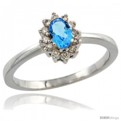 14k White Gold Diamond Halo Swiss Blue Topaz Ring 0.25 ct Oval Stone 5x3 mm, 5/16 in wide