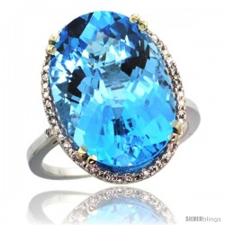 14k White Gold Diamond Halo Large Swiss Blue Topaz Ring 10.3 ct Oval Stone 18x13 mm, 3/4 in wide