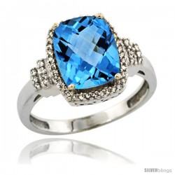 14k White Gold Diamond Halo Swiss Blue Topaz Ring 2.4 ct Cushion Cut 9x7 mm, 1/2 in wide