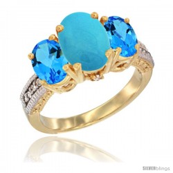 14K Yellow Gold Ladies 3-Stone Oval Natural Turquoise Ring with Swiss Blue Topaz Sides Diamond Accent