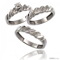 10k White Gold 3-Pc. Trio His (5mm) & Hers (5mm) Diamond Wedding Ring Band Set, w/ 0.20 Carat Brilliant Cut Diamonds