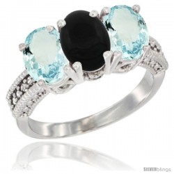 14K White Gold Natural Black Onyx & Aquamarine Sides Ring 3-Stone Oval 7x5 mm Diamond Accent