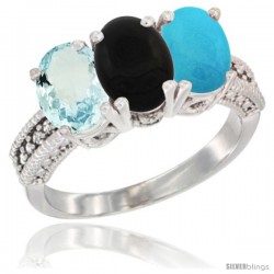 14K White Gold Natural Aquamarine, Black Onyx & Turquoise Ring 3-Stone Oval 7x5 mm Diamond Accent