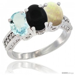 14K White Gold Natural Aquamarine, Black Onyx & Opal Ring 3-Stone Oval 7x5 mm Diamond Accent