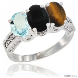 14K White Gold Natural Aquamarine, Black Onyx & Tiger Eye Ring 3-Stone Oval 7x5 mm Diamond Accent