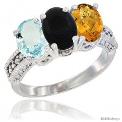 14K White Gold Natural Aquamarine, Black Onyx & Whisky Quartz Ring 3-Stone Oval 7x5 mm Diamond Accent