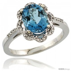 Sterling Silver Diamond Halo Natural London Blue Topaz Ring 1.65 Carat Oval Shape 9X7 mm, 7/16 in (11mm) wide