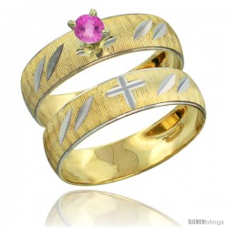 10k Gold Ladies' 2-Piece 0.25 Carat Pink Sapphire Engagement Ring Set Diamond-cut Pattern Rhodium Accent, 3/16 -Style 10y504e2