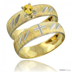 10k Gold Ladies' 2-Piece 0.25 Carat Yellow Sapphire Engagement Ring Set Diamond-cut Pattern Rhodium Accent, -Style 10y504e2