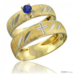 10k Gold 2-Piece 0.25 Carat Deep Blue Sapphire Ring Set (Engagement Ring & Man's Wedding Band) Diamond-cut -Style 10y504em