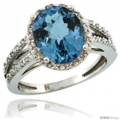 Sterling Silver Diamond Halo Natural London Blue Topaz Ring 2.85 Carat Oval Shape 11X9 mm, 7/16 in (11mm) wide