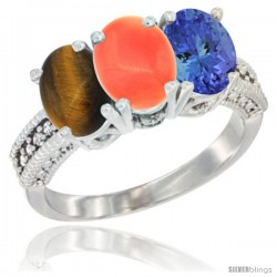 10K White Gold Natural Tiger Eye, Coral & Tanzanite Ring 3-Stone Oval 7x5 mm Diamond Accent