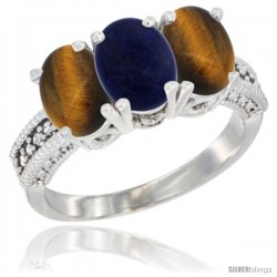 10K White Gold Natural Lapis & Tiger Eye Ring 3-Stone Oval 7x5 mm Diamond Accent