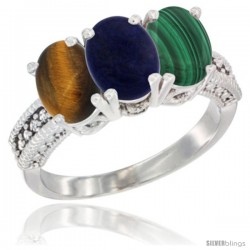 10K White Gold Natural Tiger Eye, Lapis & Malachite Ring 3-Stone Oval 7x5 mm Diamond Accent