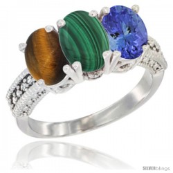 10K White Gold Natural Tiger Eye, Malachite & Tanzanite Ring 3-Stone Oval 7x5 mm Diamond Accent