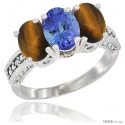 10K White Gold Natural Tanzanite & Tiger Eye Sides Ring 3-Stone Oval 7x5 mm Diamond Accent