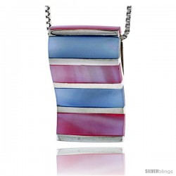 Sterling Silver Striped Rectangular Slider Shell Pendant, w/ Pink & Blue Mother of Pearl inlay, 1" (26 mm) tall& 18" Thin Snake