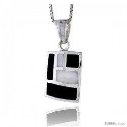 Sterling Silver Rectangular Shell Pendant, w/ Black & White Mother of Pearl inlay, 7/8" (22 mm) tall& 18" Thin Snake Chain