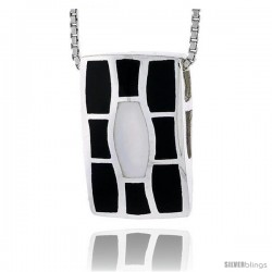 Sterling Silver Rectangular Slider Shell Pendant, w/ Black & White Mother of Pearl inlay, 13/16" (21 mm) tall& 18" Thin Snake