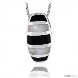Sterling Silver Striped Oval Slider Shell Pendant, w/ Black & White Mother of Pearl inlay, 15/16" (24 mm) tall& 18" Thin Snake