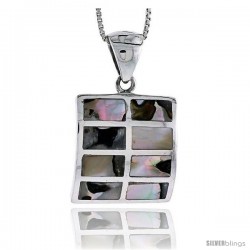 Sterling Silver Square Shell Pendant, w/ Colorful Mother of Pearl inlay, 1 1/16" (26 mm) tall& 18" Thin Snake Chain