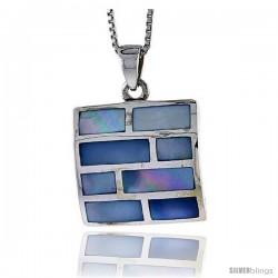 Sterling Silver Square Shell Pendant, w/ Colorful Mother of Pearl inlay, 1 1/16" (26 mm) tall& 18" Thin Snake Chain -Style Tps8