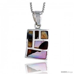 Sterling Silver Rectangular Shell Pendant, w/ Colorful Mother of Pearl inlay, 7/8" (22 mm) tall& 18" Thin Snake Chain