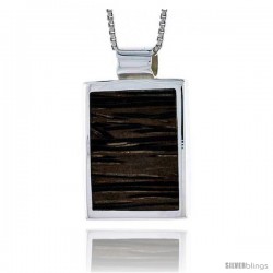 Sterling Silver Square-shaped Slider Pendant, w/ Ancient Wood Inlay, 7/8" (22 mm) tall, w/ 18" Thin Snake Chain