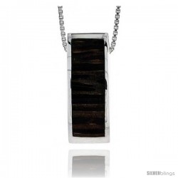 Sterling Silver Rectangular Slider Pendant, w/ Ancient Wood Inlay, 7/8" (22 mm) tall, w/ 18" Thin Snake Chain