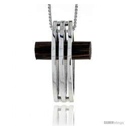 Sterling Silver Cross w/ Stripe Cut Out Slider Pendant, w/ Ancient Wood Inlay, 1 3/16" (30 mm) tall, w/ 18" Thin Snake Chain