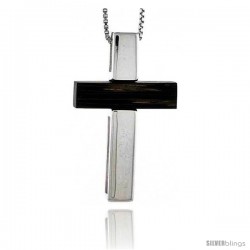 Sterling Silver Latin Cross Slider Pendant, w/ Ancient Wood Inlay, 1 7/16" (37 mm) tall, w/ 18" Thin Snake Chain