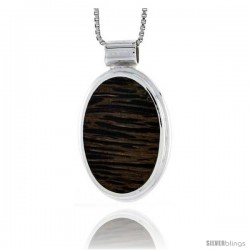 Sterling Silver Oval Slider Pendant, w/ Ancient Wood Inlay, 1" (26 mm) tall, w/ 18" Thin Snake Chain