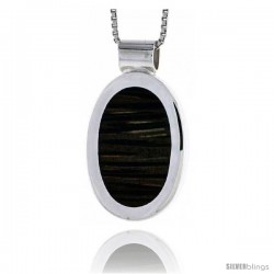 Sterling Silver Oval Slider Pendant, w/ Ancient Wood Inlay, 15/16" (24 mm) tall, w/ 18" Thin Snake Chain