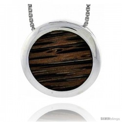 Sterling Silver Round Slider Pendant, w/ Ancient Wood Inlay, 13/16" (20 mm), w/ 18" Thin Snake Chain