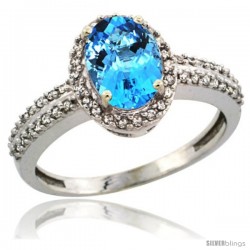 14k White Gold Diamond Halo Swiss Blue Topaz Ring 1.2 ct Oval Stone 8x6 mm, 3/8 in wide