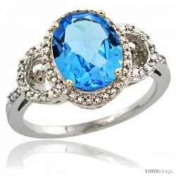 14k White Gold Diamond Halo Swiss Blue Topaz Ring 2.4 ct Oval Stone 10x8 mm, 1/2 in wide