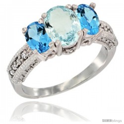 14k White Gold Ladies Oval Natural Aquamarine 3-Stone Ring with Swiss Blue Topaz Sides Diamond Accent