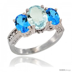 14K White Gold Ladies 3-Stone Oval Natural Aquamarine Ring with Swiss Blue Topaz Sides Diamond Accent