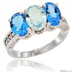 14K White Gold Natural Aquamarine & Swiss Blue Topaz Sides Ring 3-Stone 7x5 mm Oval Diamond Accent