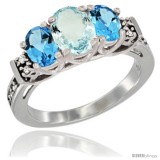 14K White Gold Natural Aquamarine & Swiss Blue Topaz Ring 3-Stone Oval with Diamond Accent