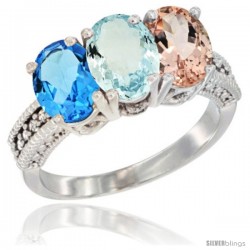 14K White Gold Natural Swiss Blue Topaz, Aquamarine & Morganite Ring 3-Stone 7x5 mm Oval Diamond Accent